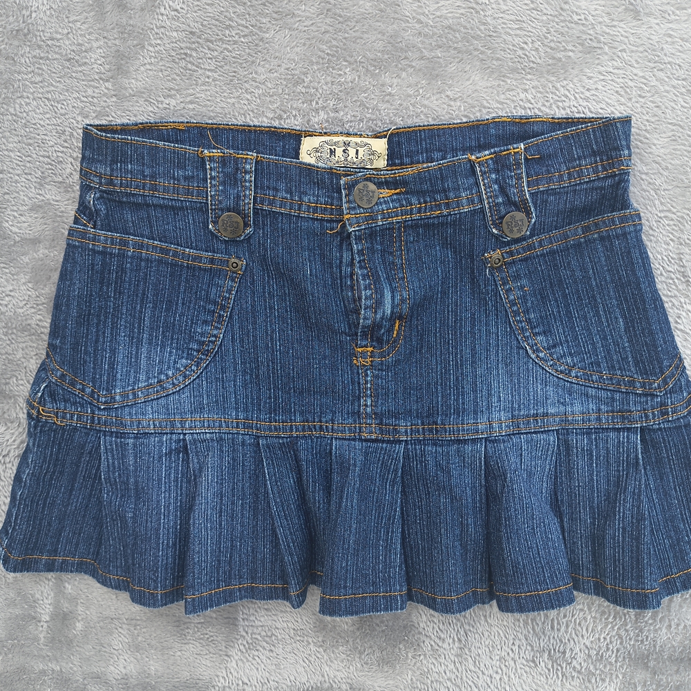 Y2K Vtg Pleated Denim Mini Skirt Low Rise Jean Schoolgirl  Coquette 2000s Sz 7/8